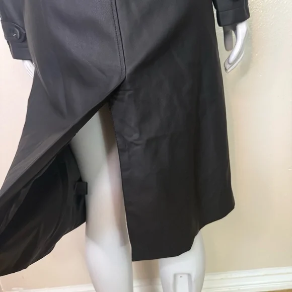 Black PU leather belted single breasted long trench coat - Picture 9 of 13